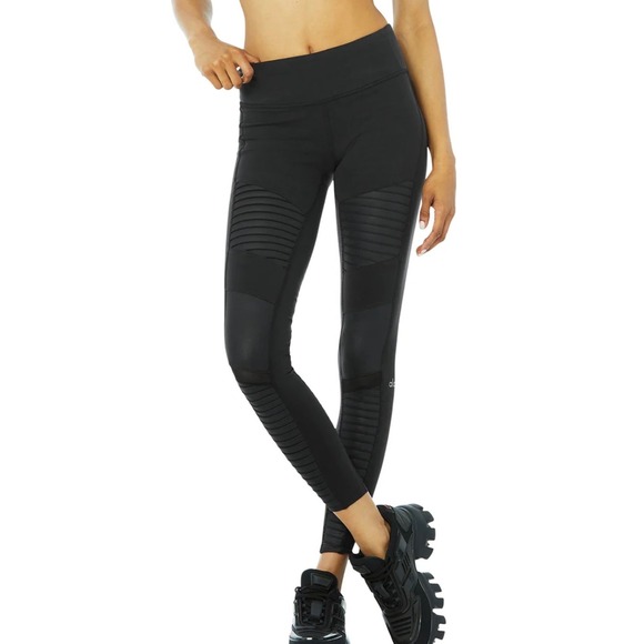 ALO Yoga Pants - Alo Yoga High-Waist Moto Leggings S Black Glossy Quilted Mesh Activewear